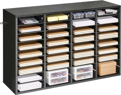 VEVOR Literature Organizer, 36 Compartments Office Mailbox with Detachable Shelves, Wooden Mailbox Sorter with Particle Board, Countertop Office Home Storage Organizer for File, Document, Paper, Black