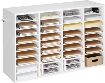 VEVOR Literature Organizer, 36 Compartments Office Mailbox with Detachable Shelves, Wooden Mailbox Sorter with Particle Board, Countertop Office Home Storage Organizer for File, Document, Paper, White