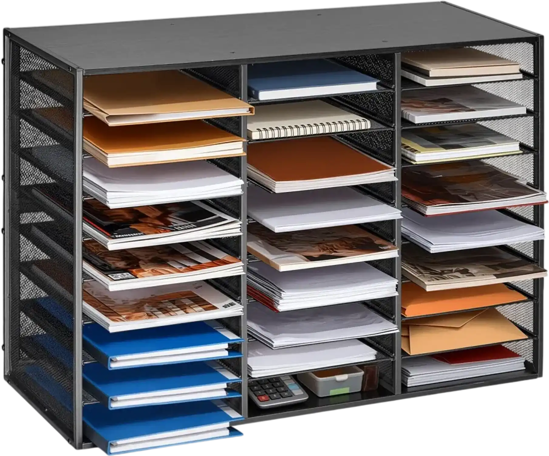 Vevor Literature Organizer 27-Compartment Metal Office Mailbox Sorter with Detachable Wire Mesh and Wooden Top Black New