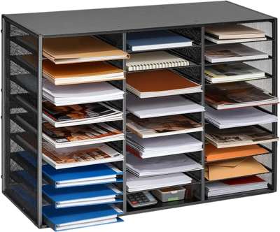 Vevor Literature Organizer 27-Compartment Metal Office Mailbox Sorter with Detachable Wire Mesh and Wooden Top Black New