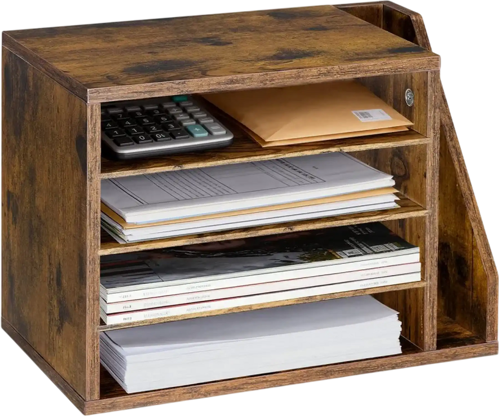 VEVOR Literature Organizer, 4 Compartments Office Mailbox with Detachable Shelves, Wooden Mailbox Sorter with Side Vertical Storage, Countertop Office Home Organizer for File, Document, Paper, Brown