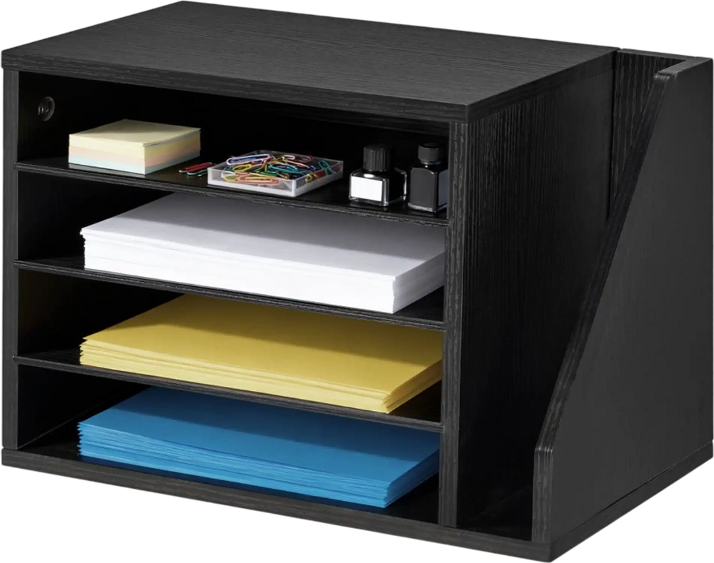 VEVOR Literature Organizer, 4 Compartments Office Mailbox with Detachable Shelves, Wooden Mailbox Sorter with Side Vertical Storage, Countertop Office Home Organizer for File, Document, Paper, Black