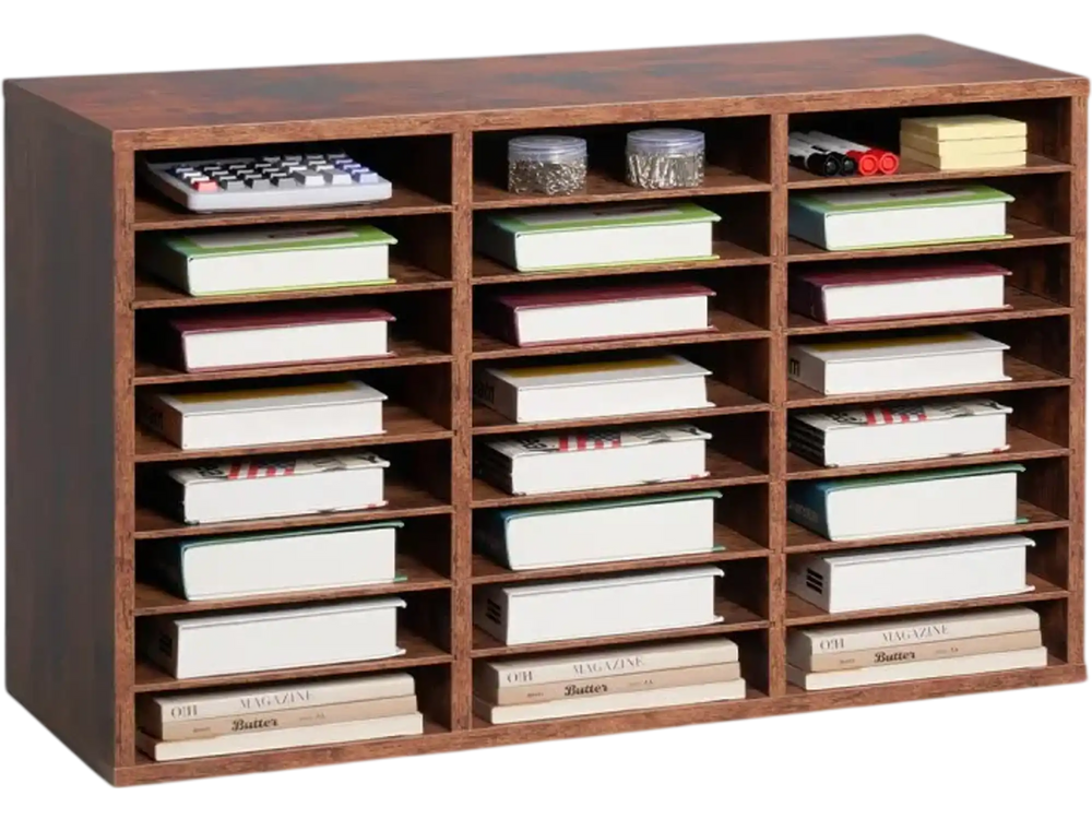 VEVOR Literature Organizer, 24 Compartments Office Mailbox with Removable Shelves, Wooden Mailbox Sorter Particle Board Office Home Classroom Storage, File Sorter for Documents, Papers, Dark Brown