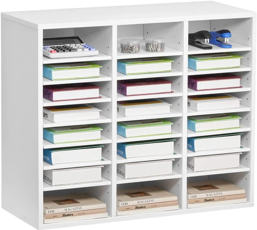 VEVOR Literature Organizer, 24 Compartments Office Mailbox with Adjustable Shelves, Wooden Mailbox Sorter Medium Density Fiberboard Office Home Classroom Storage for Files, Documents, Papers, White