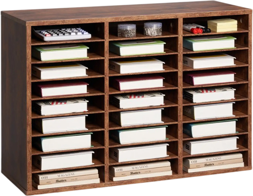 VEVOR Literature Organizer, 27 Compartments Office Mailbox with Removable Shelves, Wood Mailbox Sorter Particle Board Office Home Classroom Storage, File Sorter for File, Document, Paper, Dark Brown