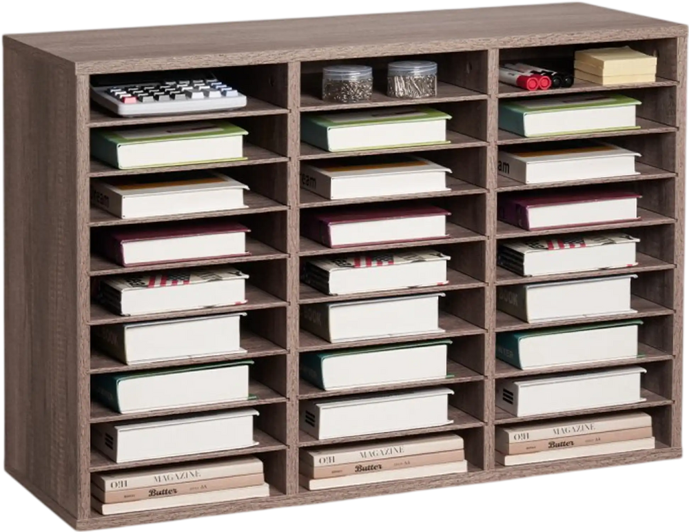 VEVOR Literature Organizer, 27 Compartments Office Mailbox with Removable Shelves, Wood Mailbox Sorter Particle Board Office Home Classroom Storage, File Sorter for File, Document, Paper, Black-Grey