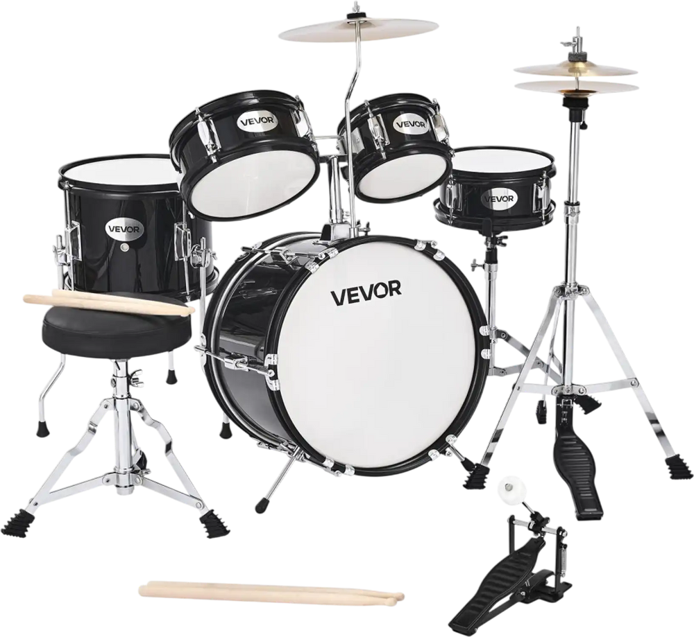 VEVOR Kids Drum Set, 5-Piece 14 in Junior Drum Sets, Beginner Drums Set with Adjustable Throne, Cymbal & Two Pairs of Drumsticks, Musical Learning Drums Instruments Kit, for Children Ages 6-13(Black)