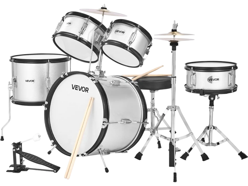VEVOR Kids Drum Set, 5-Piece 16 in Junior Drum Sets, Beginner Drums Set with Adjustable Throne, Cymbal & Two Pairs of Drumsticks, Musical Learning Drums Instrument Kit, for Children Ages 6-13(Silver)