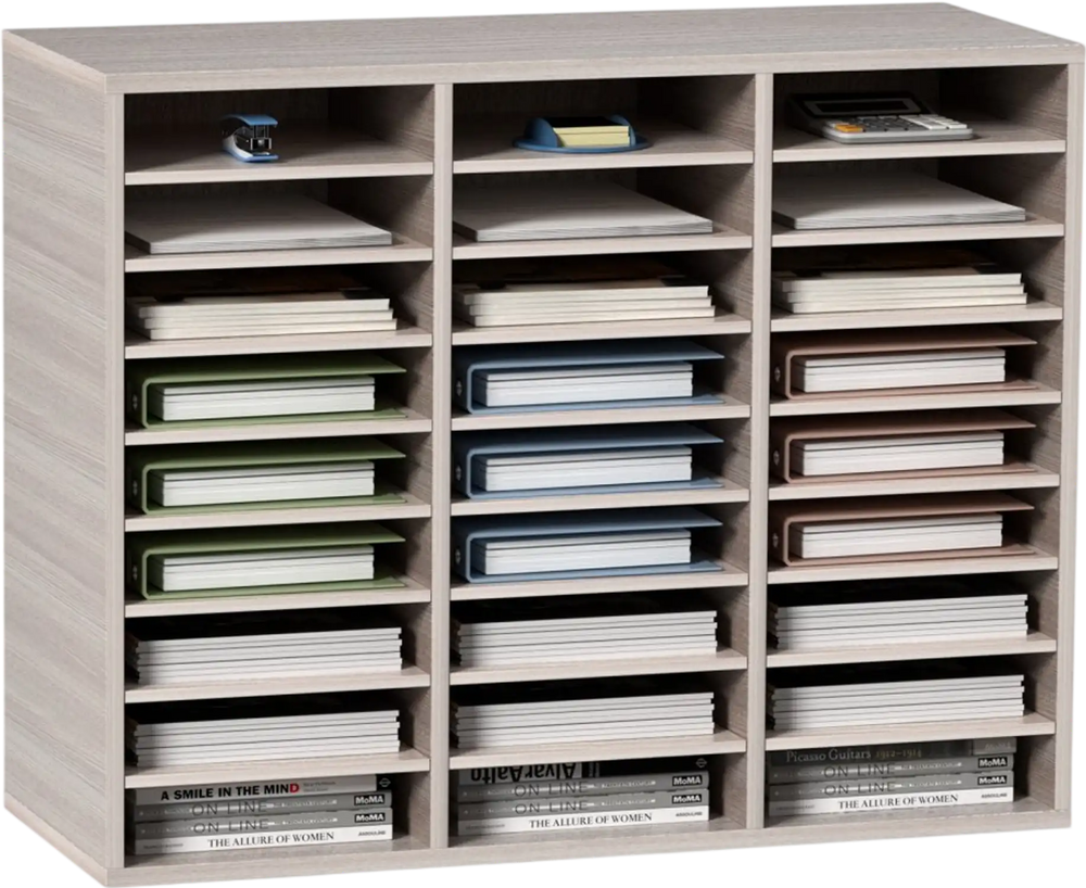 VEVOR 27 Compartments Wood Literature Organizer, Adjustable Shelves, Medium Density Fiberboard Mail Center, Office Home School Storage for Files, Documents, Papers, Magazines, Grey