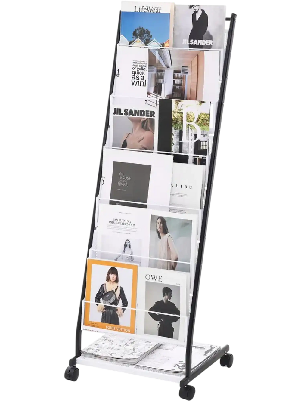 VEVOR Brochure Display Rack, 6-Tier Magazine Literature Display Stand, Floor Standing Magazine Rack Newspaper Catalog Holders, Movable with 4 Wheels (2 Lockable) for Shop Exhibitions Office, 6 Pockets