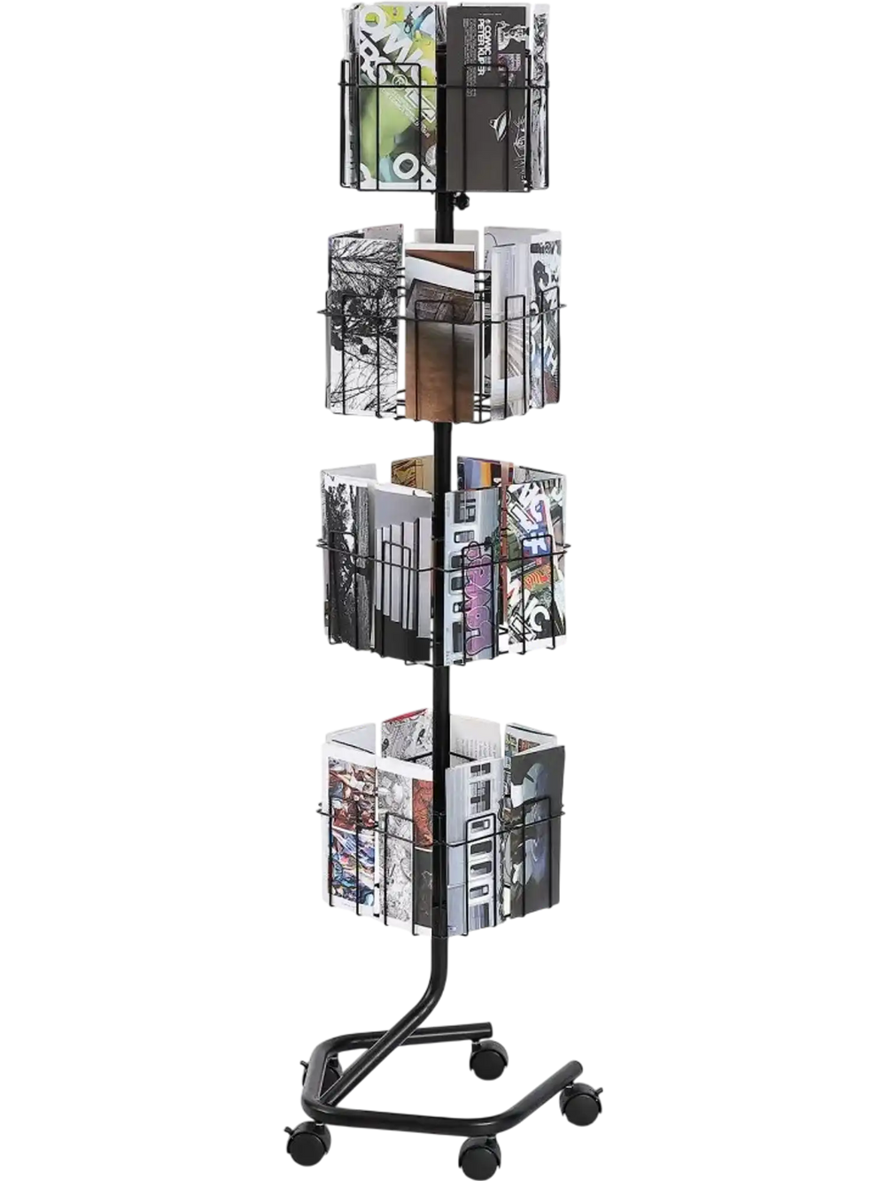 VEVOR Brochure Display Rack, 4-Tier 32 Pockets Rotating Magazine Literature Display Stand for Postcards, 360° Spinning Greeting Cards Rack with 5 Wheels (2 Lockable) for Shop Exhibitions Office
