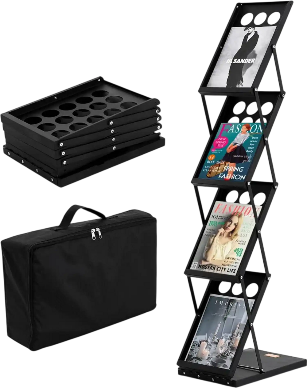 VEVOR Foldable Magazine Display Rack, 4-Tier Brochure Literature Display Stand, Portable Catalog Brochure Holder Stand with Carrying Bag for Office Trade Show Exhibitions, 4 Pockets
