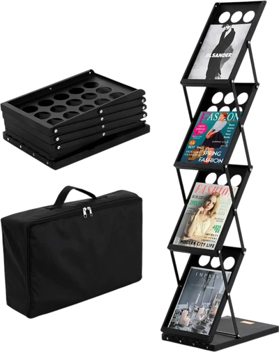 VEVOR Foldable Magazine Display Rack, 4-Tier Brochure Literature Display Stand, Portable Catalog Brochure Holder Stand with Carrying Bag for Office Trade Show Exhibitions, 4 Pockets