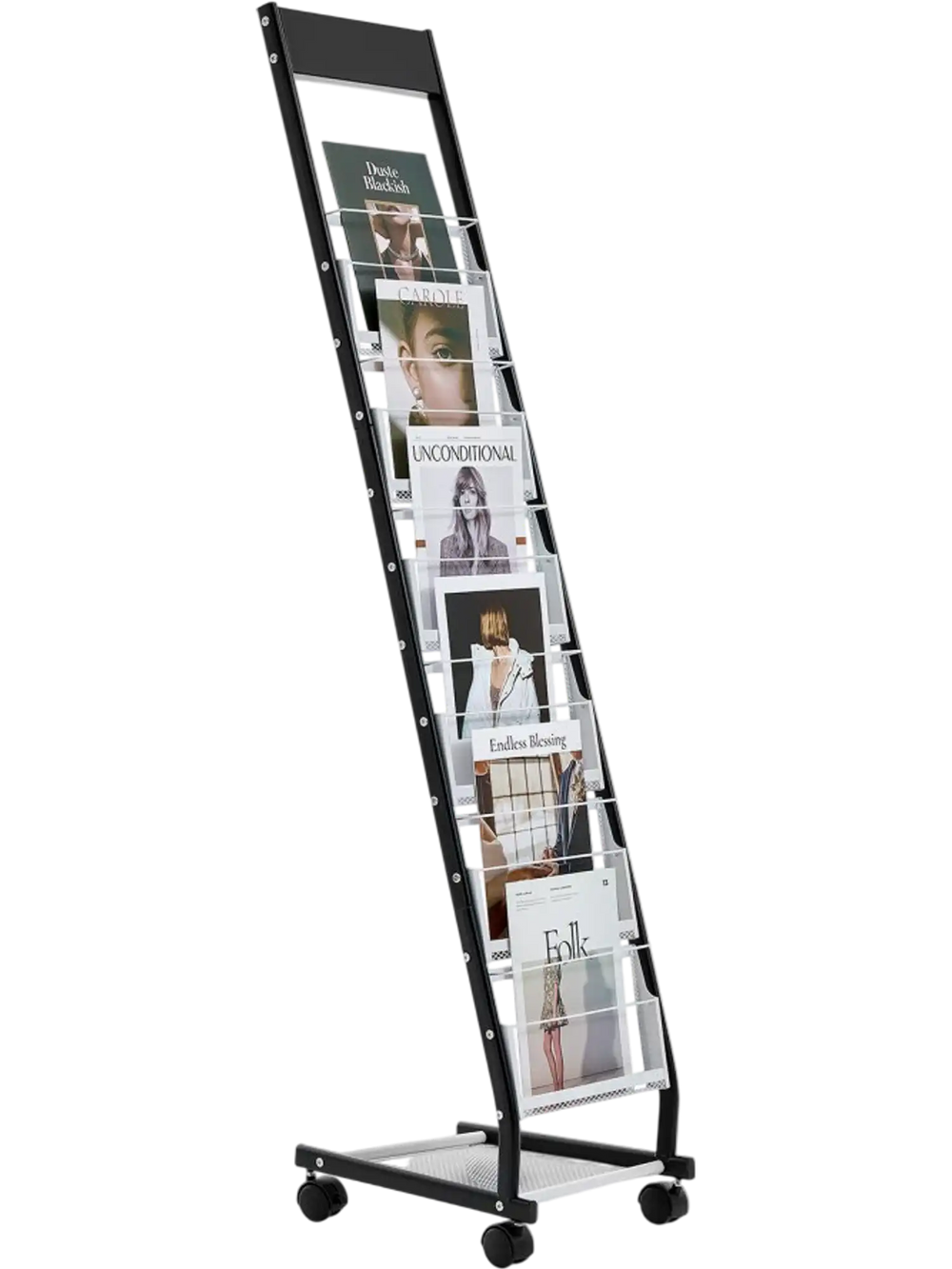 VEVOR Brochure Display Rack, Narrow 6-Tier Magazine Literature Display Stand with Wheels, Metal Floor Standing Magazine Rack, Movable Newspaper Catalog Holders for Shop Exhibitions Office (6 Pockets)