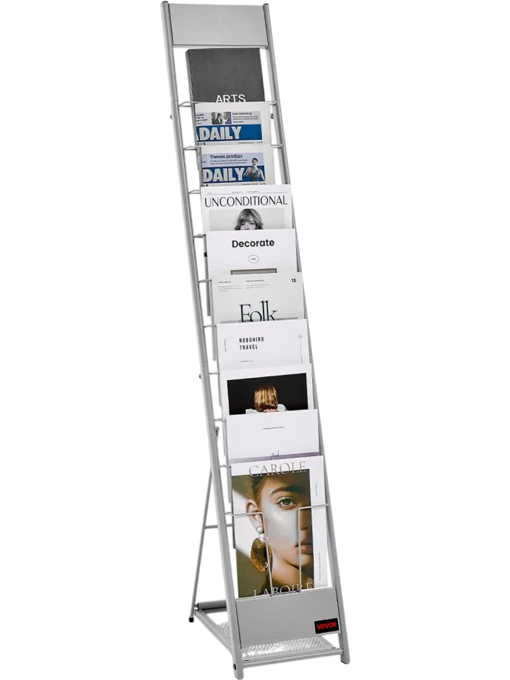 VEVOR Brochure Display Rack, 10 Pockets Magazine Literature Display Stand, Portable Floor Standing Magazine Rack, Metal Newspaper Catalog Holders for Shop, Exhibitions, Office, Trade Show, Silver