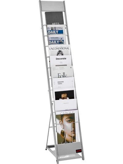 VEVOR Brochure Display Rack, 10 Pockets Magazine Literature Display Stand, Portable Floor Standing Magazine Rack, Metal Newspaper Catalog Holders for Shop, Exhibitions, Office, Trade Show, Silver