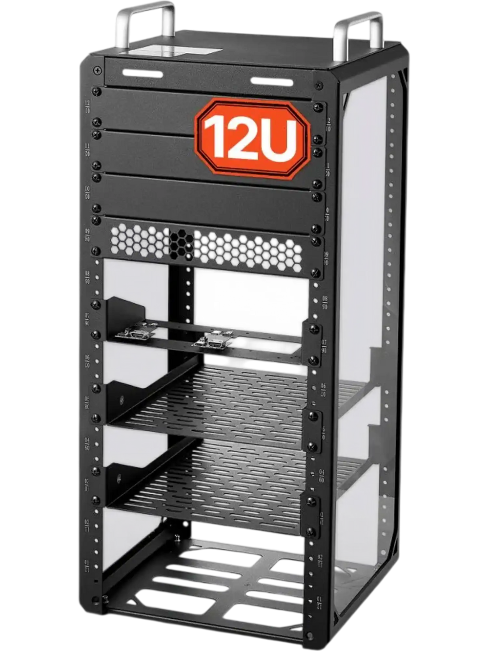 VEVOR 12U Network Rack 10.2 Inch Depth Open Frame Server Rack Vented Shelf, for 10 Inch Network IT Equipment A/V Devices, Supports Up to 200 lbs, with Side Translucent Panels & 2 Top Handles, SBC Tray