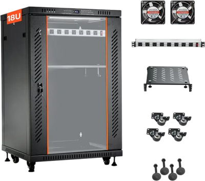 Vevor Network Cabinet 18U Server Rack with Built-In PDU, 2 Fans, LED Light, 23.6