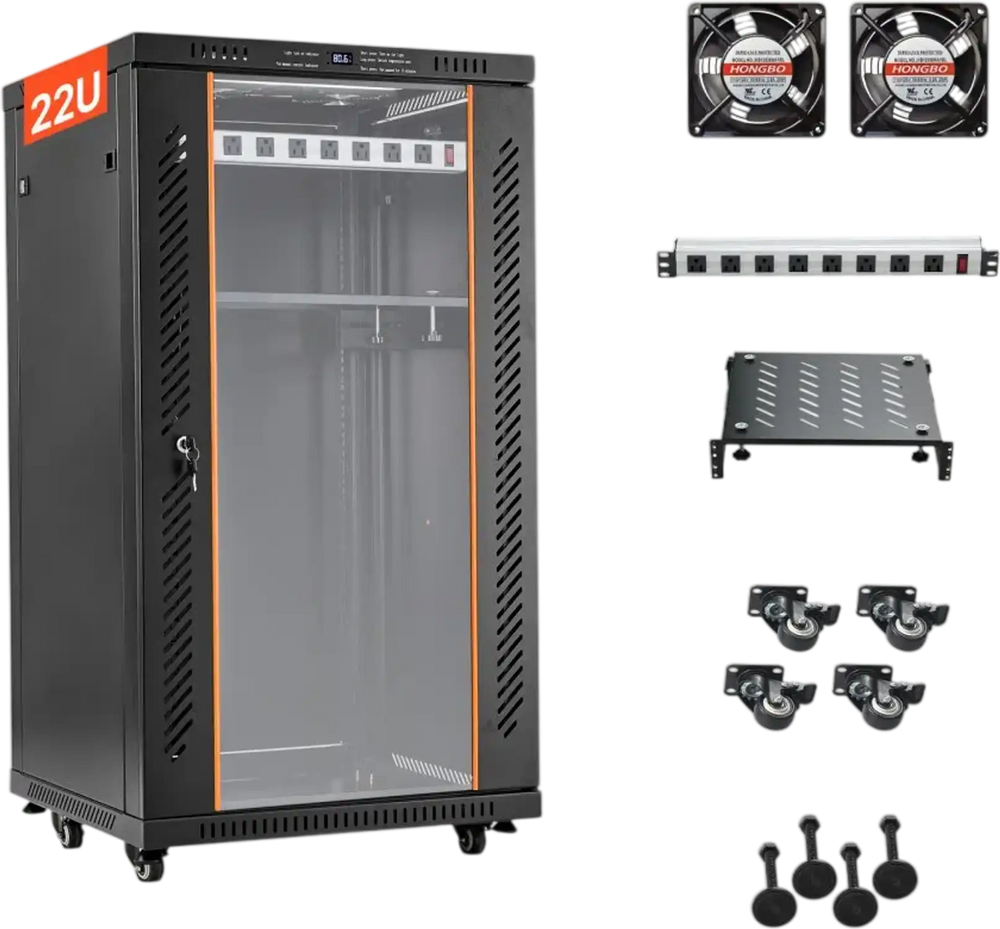 VEVOR 22U Network Cabinet Server Rack, Built-In PDU, 2 Fans, LED Light, for 19" IT Equipment A/V Devices, 23.6" Depth (18" Installation), 660 lbs Max, Lockable Door with Casters Temperature Display