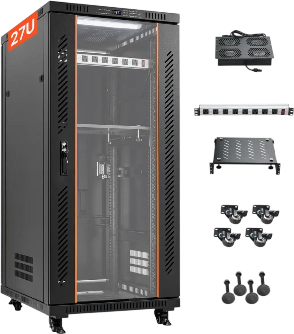 VEVOR 27U Network Cabinet Server Rack, Built-In PDU, 4 Fans, LED Light, for 19" IT Equipment A/V Devices, 23.6" Depth (18" Installation), 1800lbs Max, Lockable Door with Casters Temperature Display