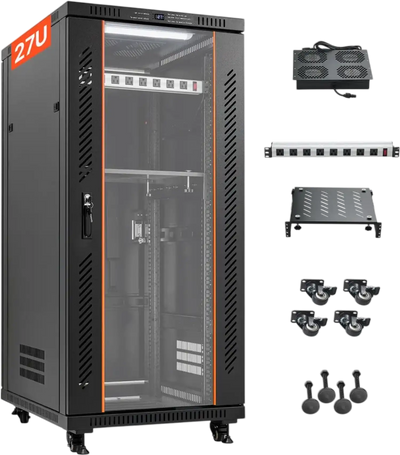 Vevor Network Cabinet 27U Server Rack with Built-In PDU, 4 Fans, LED Light, Lockable Door & Casters New