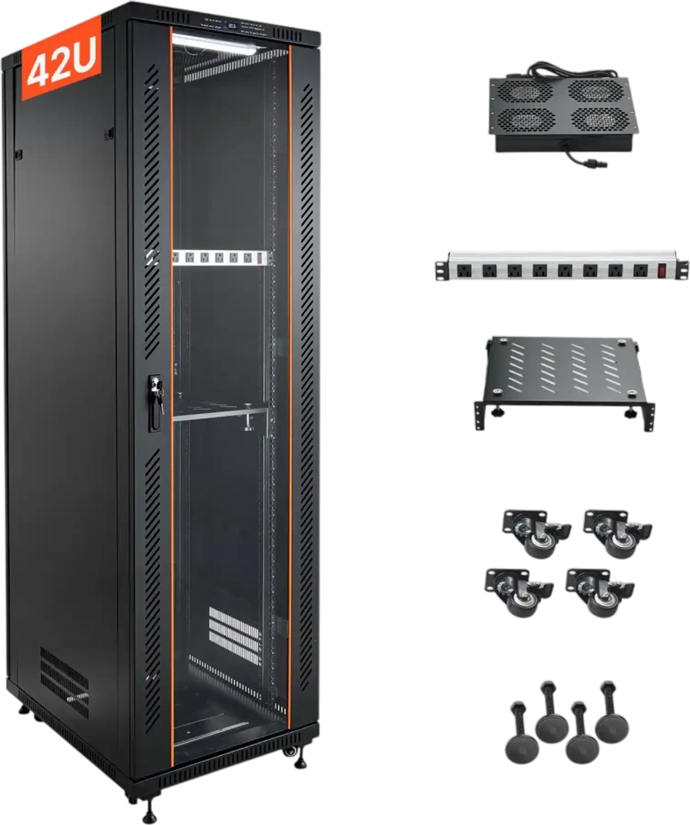 VEVOR 42U Network Cabinet Server Rack, Built-In PDU, 4 Fans, LED Light, for 19" IT Equipment A/V Devices, 23.6" Depth (18" Installation), 1800lbs Max, Lockable Door with Casters Temperature Display