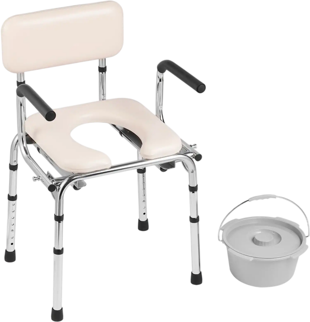 VEVOR Commode Chair, Bedside Commode with Padded Seat, Drop-Down Arms, 7-Level Adjustable Height, 5.8L Removable Bucket, Easy to Assemble, 350LBS Capacity, Portable Toilet for Adults Seniors