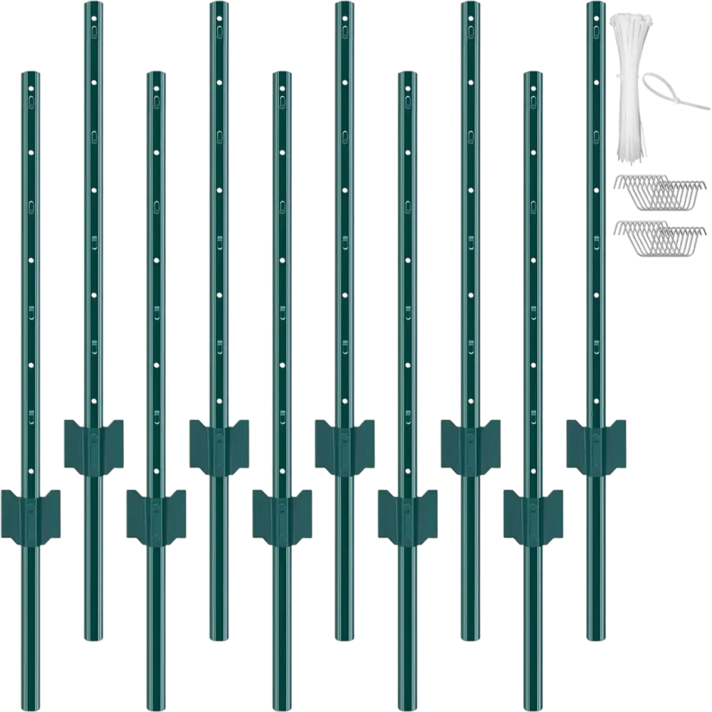 VEVOR 3 Feet Fence Post, 10 Pack U-Channel Heavy Duty Metal Fence Posts, Sturdy Steel Fence Stakes for Garden Yard, Lawn, Farms and Outdoor Wire Fencing, Green