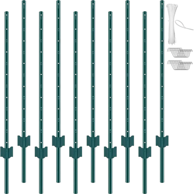 VEVOR 4 Feet Fence Post, 10 Pack U-Channel Heavy Duty Metal Fence Posts, Sturdy Steel Fence Stakes for Garden Yard, Lawn, Farms and Outdoor Wire Fencing, Green