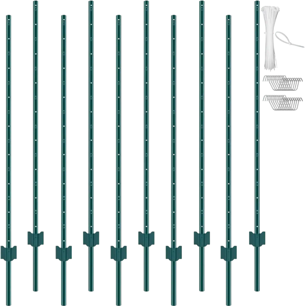 VEVOR 5 Feet Fence Post, 10 Pack U-Channel Heavy Duty Metal Fence Posts, Sturdy Steel Fence Stakes for Garden Yard, Lawn, Farms and Outdoor Wire Fencing, Green