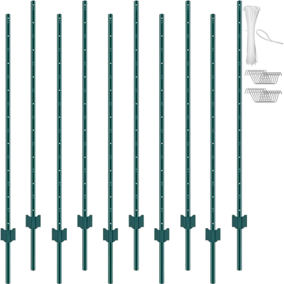 VEVOR 5 Feet Fence Post, 10 Pack U-Channel Heavy Duty Metal Fence Posts, Sturdy Steel Fence Stakes for Garden Yard, Lawn, Farms and Outdoor Wire Fencing, Green