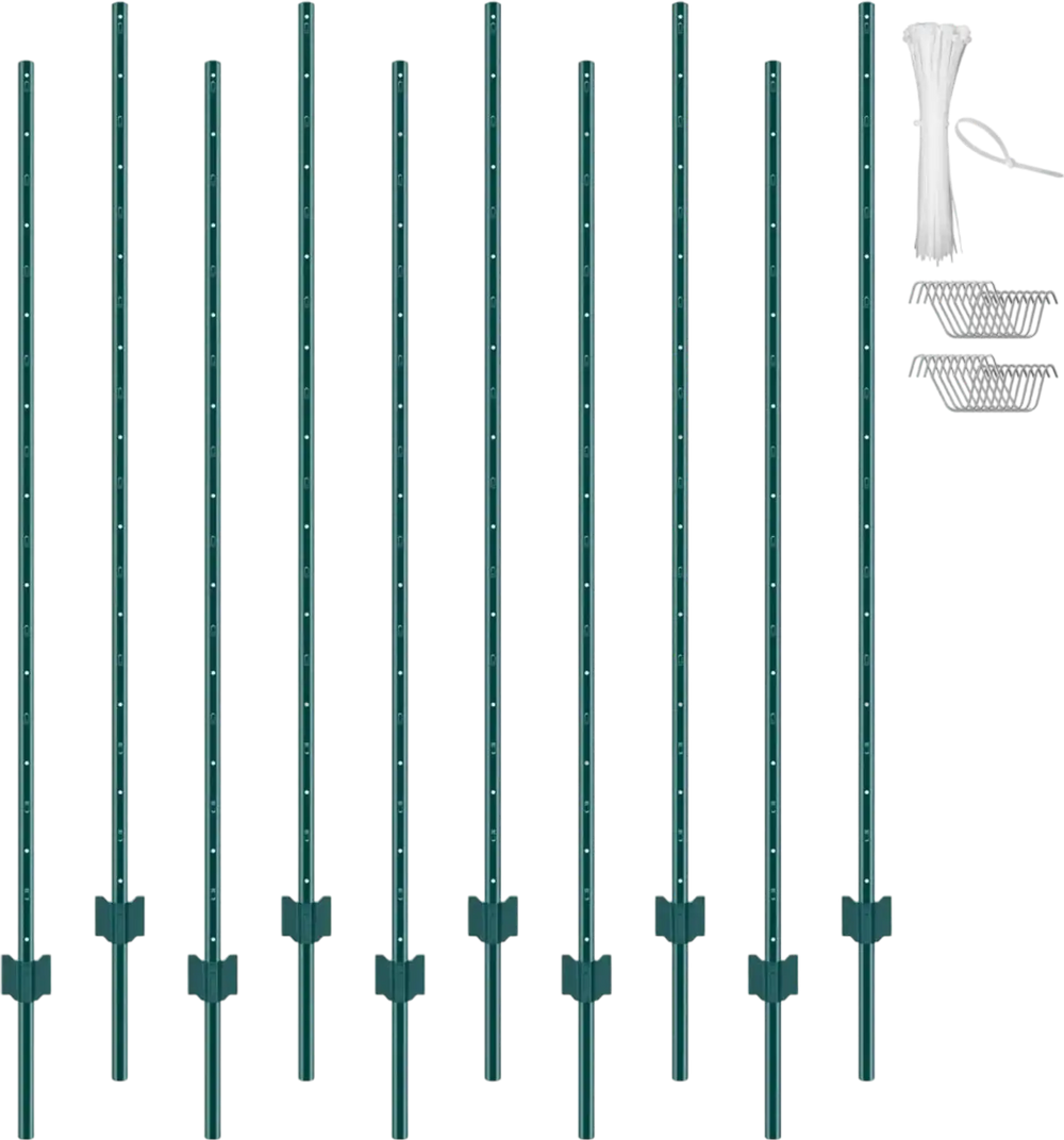VEVOR 6 Feet Fence Post, 10 Pack U-Channel Heavy Duty Metal Fence Posts, Sturdy Steel Fence Stakes for Garden Yard, Lawn, Farms and Outdoor Wire Fencing, Green