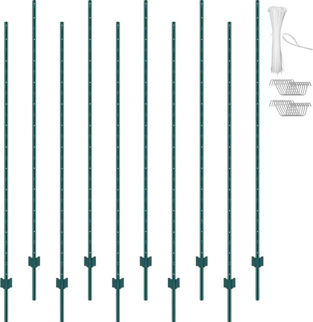 VEVOR 7 Feet Fence Post, 10 Pack U-Channel Heavy Duty Metal Fence Posts, Sturdy Steel Fence Stakes for Garden Yard, Lawn, Farms and Outdoor Wire Fencing, Green