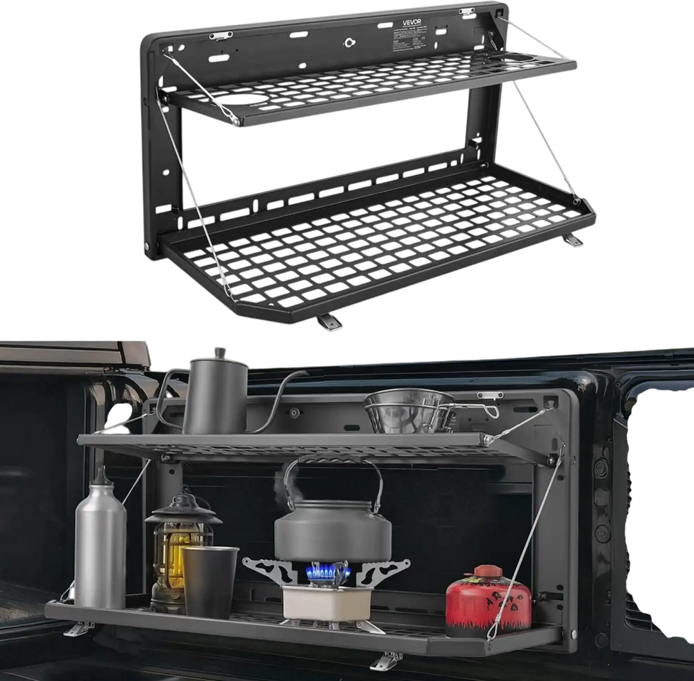 VEVOR Tailgate Table for Jeep Wrangler JL 2019 - Present, Carbon Steel Foldable Molle Panel Double-Layer Drop Down Table, Rear Cargo Storage Rack Shelf Luggage Holder Carrier Camping Accessories