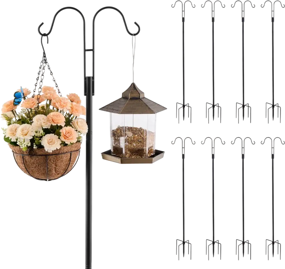 VEVOR Double Shepherds Hooks for Outdoor, 8 Pack 60 Inch Heavy Duty Bird Feeder Pole, 3/4 Inch Thick Garden Hooks for Hanging Hummingbird Feeder, Plant Baskets, Solar Light Lanterns,Wind Chimes