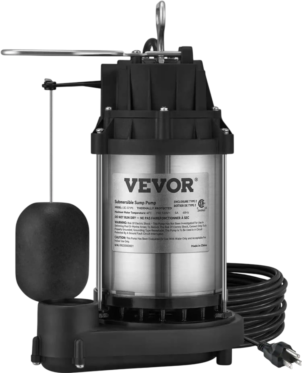 VEVOR Sump Pump, 1/2 HP 3960 GPH, Submersible Stainless Steel Water Pump, 1-1/2" NPT Discharge With 33 ft Cord, Automatic Float Switch with Piggy-back Plug, for Indoor Basement Water Basin