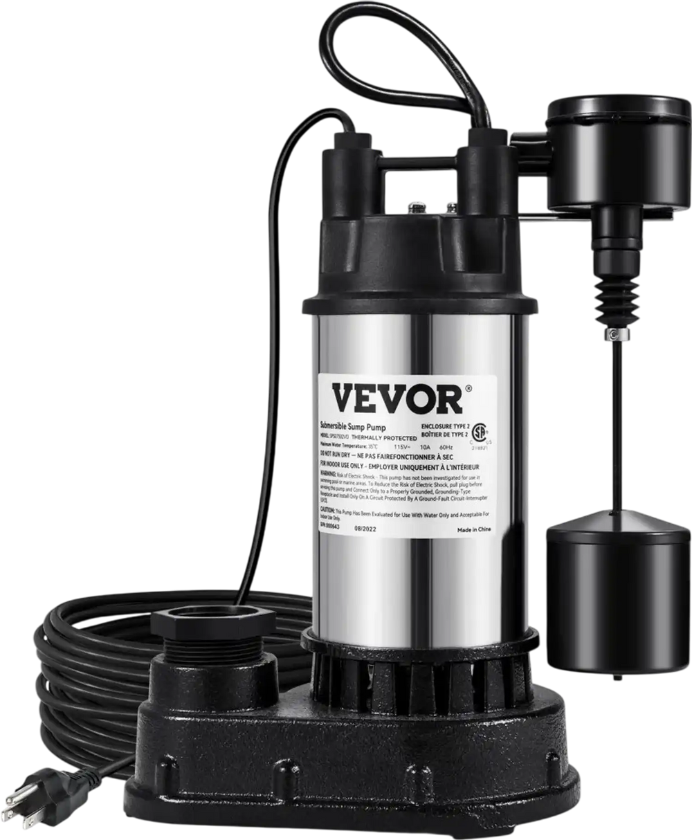 VEVOR 1.5 HP Submersible Cast Iron and Steel Sump Pump, 6000 GPH Submersible Water Pump with Integrated Vertical Float Switch, for Basement Water Basin and Flooding Area Tested to UL Standards