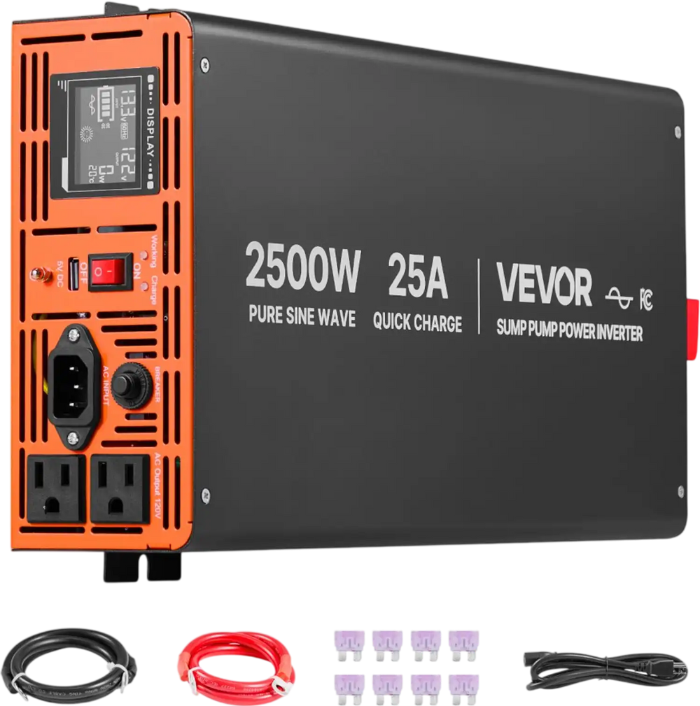 VEVOR 2500W Sump Pump Battery Backup System, LCD Display, Auto Switches to Battery Inverter Power for Sump Pump, Pure Sine Wave, for Basement Protection Emergency Power Outage, Batteries Not Included