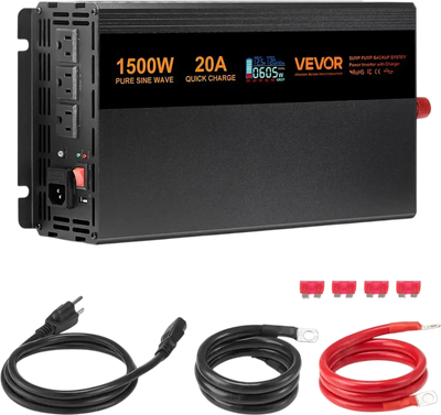 VEVOR Sump Pump Battery Backup System, 1500W, Auto Switches to Battery Inverter for Continuous Sump Pump Operation, Pure Sine Wave, LCD Display, for Basement Protection Emergency and Power Outage