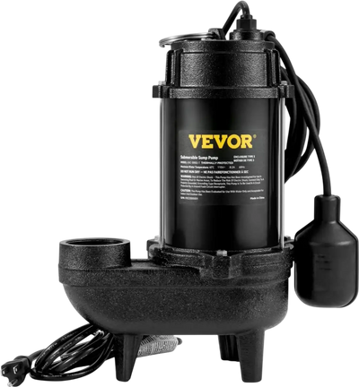 VEVOR Submersible Sewage Pump, 3/4 HP, 5880 GPH, 1050W, Durable Cast Iron, Includes 2