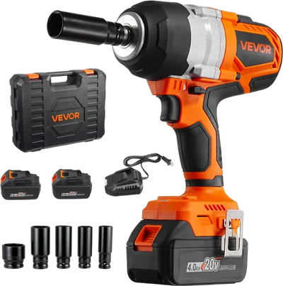 VEVOR Cordless Impact Wrench, 958.8 ft-lbs / 1300 N·m High Torque, 1/2 inch, 20V Electric Impact Wrench with Brushless Motor, 2 x 4Ah Batteries, Charger, 5 Sockets and Belt Clip, for Car Tire Truck