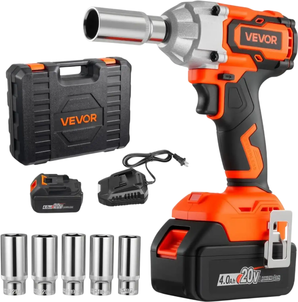 VEVOR Cordless Impact Wrench, 280 ft-lbs / 380 N·m High Torque, 3/8 inch, 20V Electric Impact Wrench with Brushless Motor, 4Ah Battery, Charger, 5 Sockets and Belt Clip, for Car Tire Truck DIY
