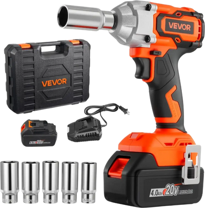 VEVOR Cordless Impact Wrench, 280 ft-lbs / 380 N·m High Torque, 3/8 inch, 20V Electric Impact Wrench with Brushless Motor, 4Ah Battery, Charger, 5 Sockets and Belt Clip, for Car Tire Truck DIY