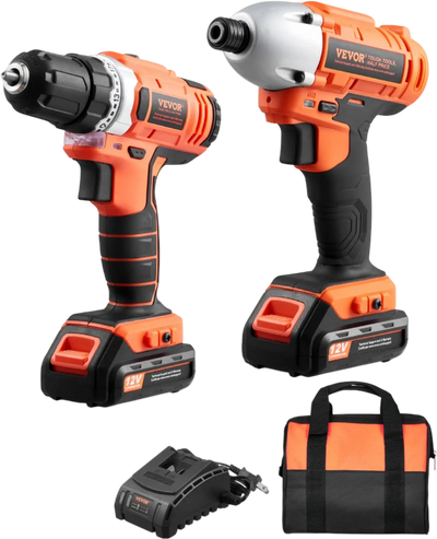 VEVOR Tool Combo Kit, 12V Max Cordless 2-Tool Combo Kit, with 3/8 in Drill, 1/4 in Impact Driver, Compact Cordless Power Tool Combo Kit with 2.0 Ah Batteries, Screws, One Charger, and One Cloth Bag