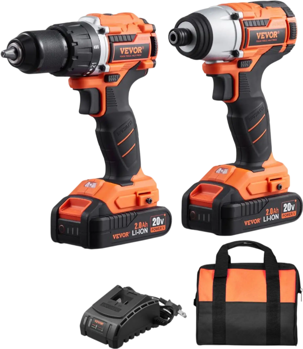 VEVOR Tool Combo Kit, 20V Max Cordless 2-Tool Combo Kit, with 1/2 in Drill, 1/4 in Impact Driver, Compact Cordless Power Tool Combo Kit with 2.0 Ah Batteries, Screws, One Charger and One Cloth Bag