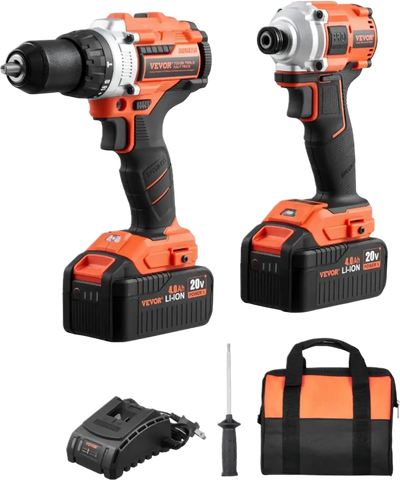 VEVOR Tool Combo Kit, 20V Max Cordless 2-Tool Combo Kit, with 1/2 in Impact Drill, 1/4 in Impact Driver, Compact Cordless Power Tool Combo Kit with 4.0 Ah Batteries, Screws, Charger, and Cloth Bag