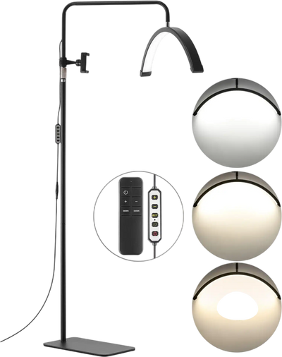 VEVOR Half Moon Light for Esthetician, 23 inch Dimmable LED Floor Lamp Lash Light for Eyelash Extensions, Arched Eyelash Lamp with Phone Holder, Remote Control, for Beauty, Skincare, Eyebrows, Tattoo