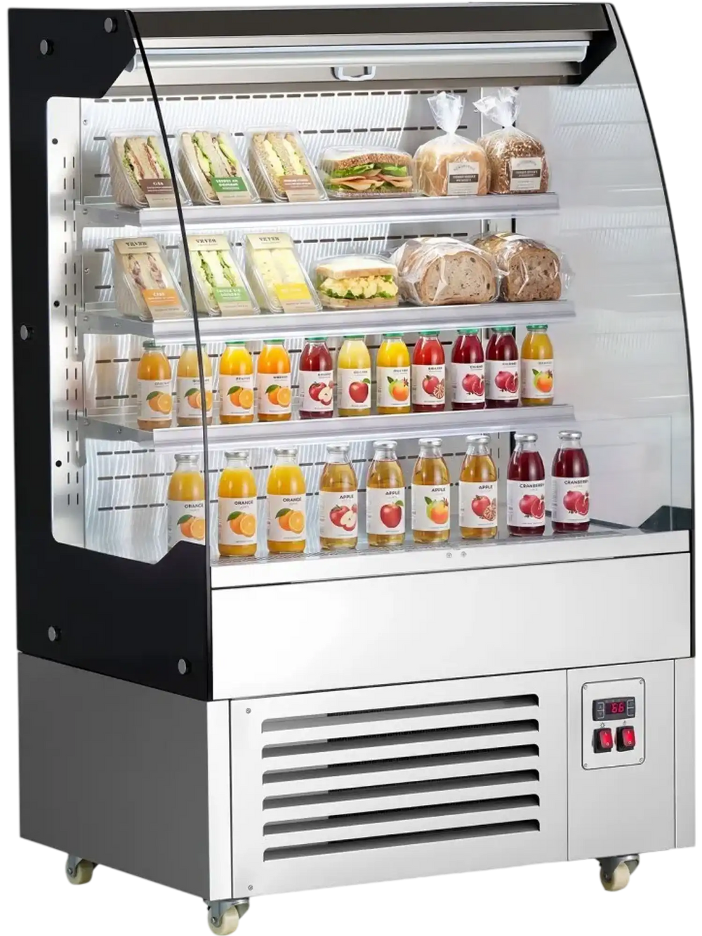 VEVOR Open Air Merchandiser, 5.4 cu. ft. 3-Tier Shelving Commercial Refrigerator, Grab and Go Fan Cooling Display Cooler, with LED Lighting, Night Curtain, Upright for Restaurants, Stores, Office