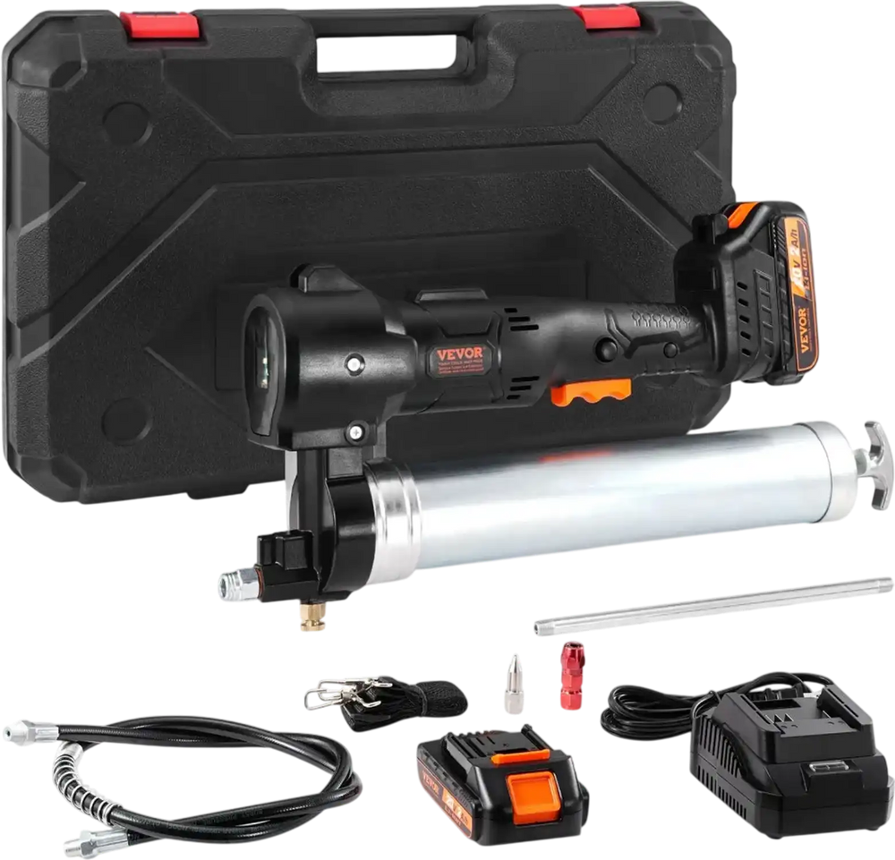VEVOR Cordless Grease Gun, 20-Volt, 10,000 PSI, 39" Long Hose, Electric Grease Gun Kit Professional High Pressure Battery Powered Grease Gun with Carrying Case, Two Batteries & Charger Included, Black