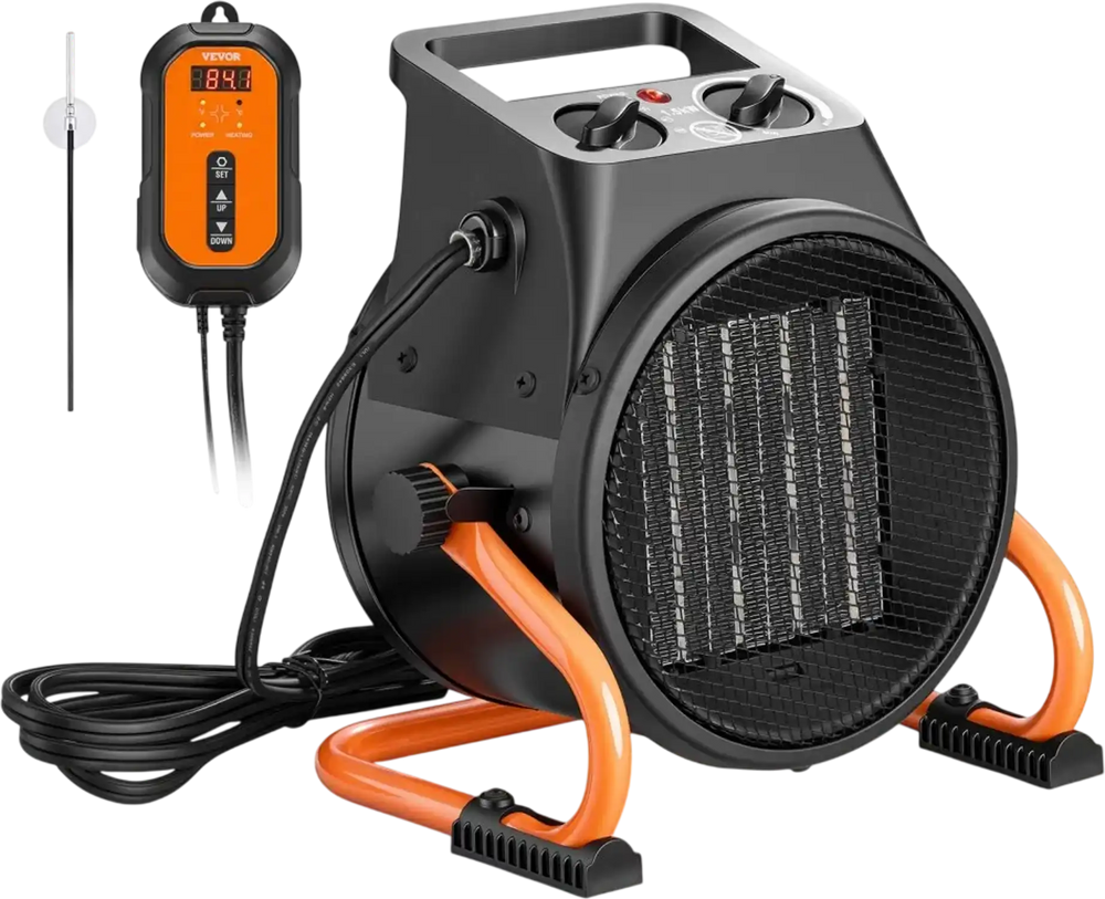 VEVOR Greenhouse Heater, 1500W Electric PTC Space Heater with Thermostat, Fan, Low & High Heat Modes, 15° Adjustable Angle, Overheat Protection, for Grow Tent, Greenhouse, Flower Room, Home Office